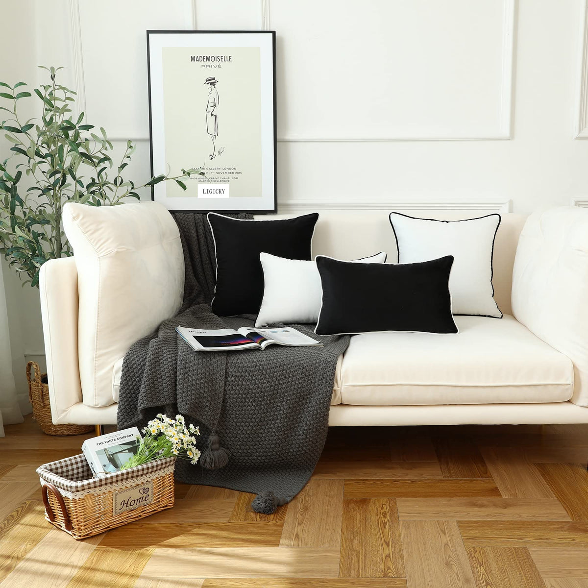 LIGICKY Set of 2 Black Velvet Throw Pillow Covers Modern Minimalist Style Solid Decorative White Rope Edging Soft Square Cushion Cases for Sofa Bedroom Party Décor, 20x 20 inch