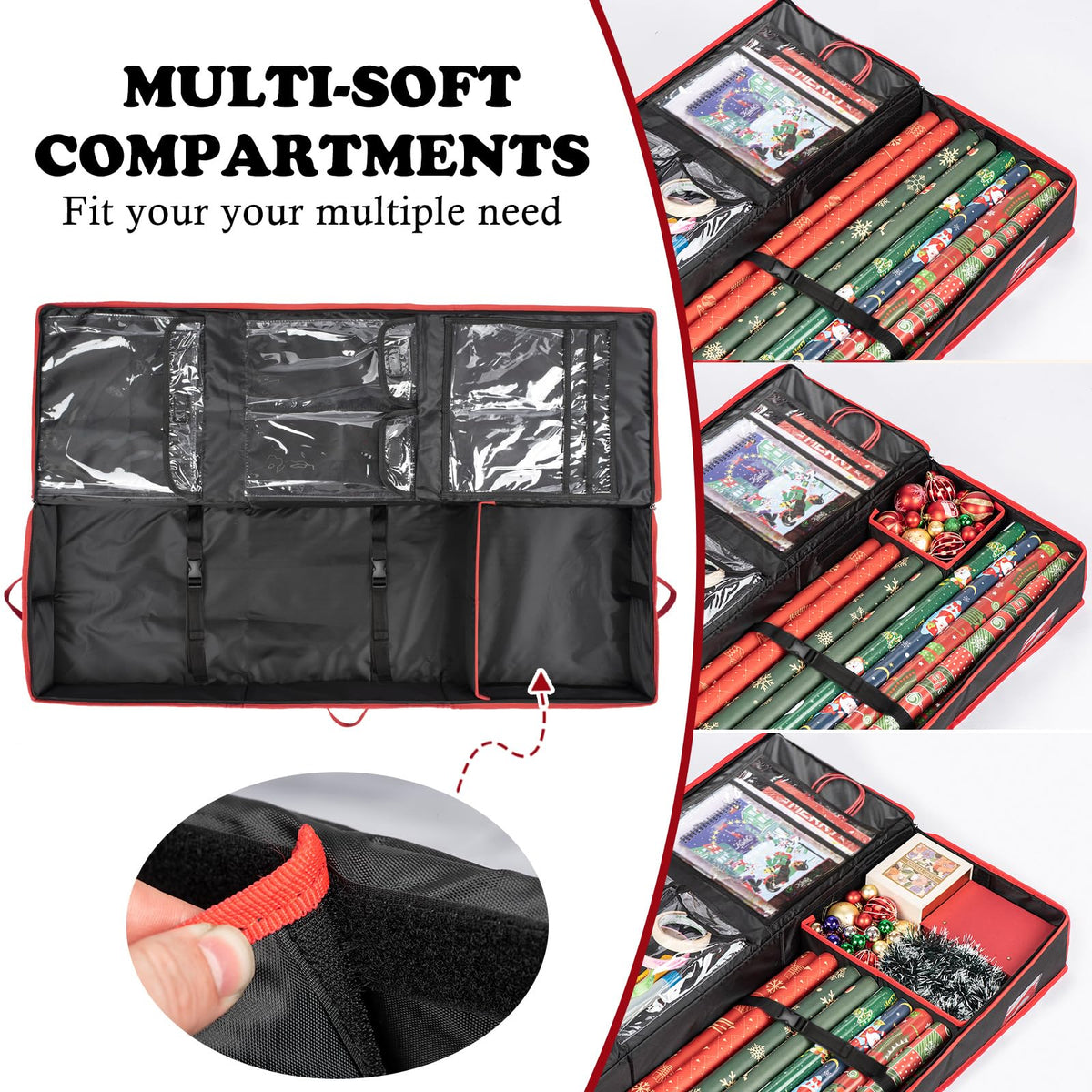 Wrapping Paper Organizer Storage for Christmas Gifts Wrapping Paper Storage, 600D Oxford Fits Ribbon, Ornaments, Holiday Accessories Flexible Partitions and Pockets （Black）
