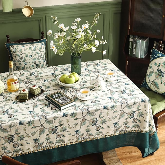 patdrea Designer Green Linen Long Rectangle Tablecloth,Vintage Floral Pattern Breathable Table Cloth,Home Table Cover Decor for Kitchen Dining,Christmas,Thanksgiving,Holiday,Party,63"x94"-Noah