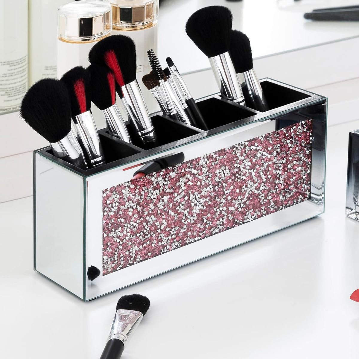 SHYFOY Mirrored Makeup Brush Holder, 4-Compartment Makeup Organizer with Pink Crushed Diamond, Vanity Cosmetics Organizer Solution, Pencil Holder Organizer for Desk