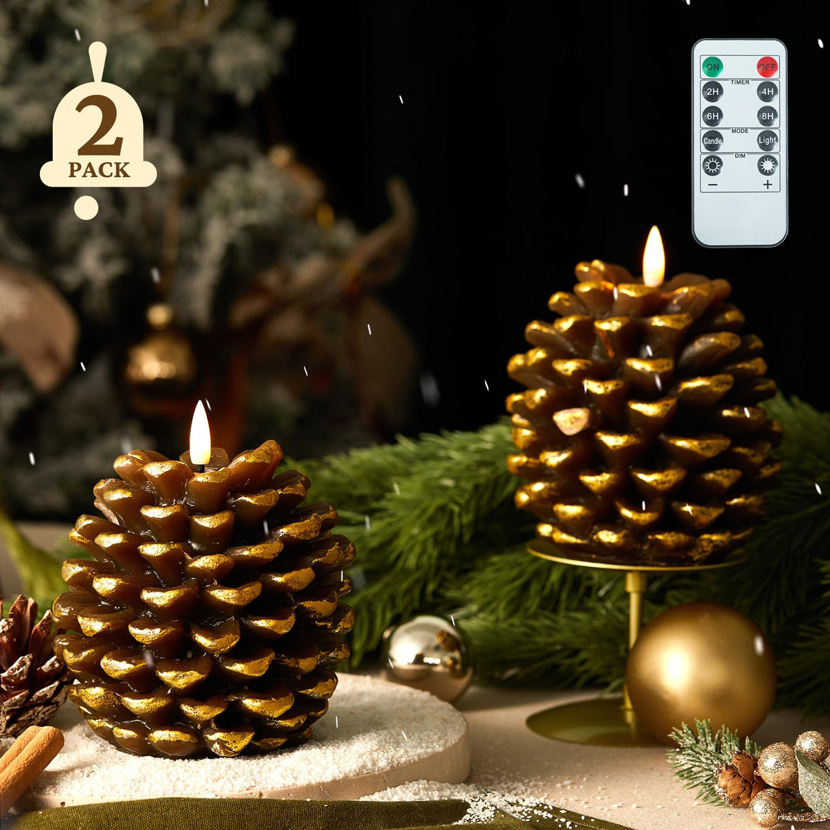 BRONYPRO 2 Pcs Pinecone Flameless Candles with Remote Timer,LED Candles Battery Operated for Christmas,Real Wax Pine Cone Flickering Candles for Holiday Indoor Decoration,Set of 2,Brown(5.5" X 4.5")