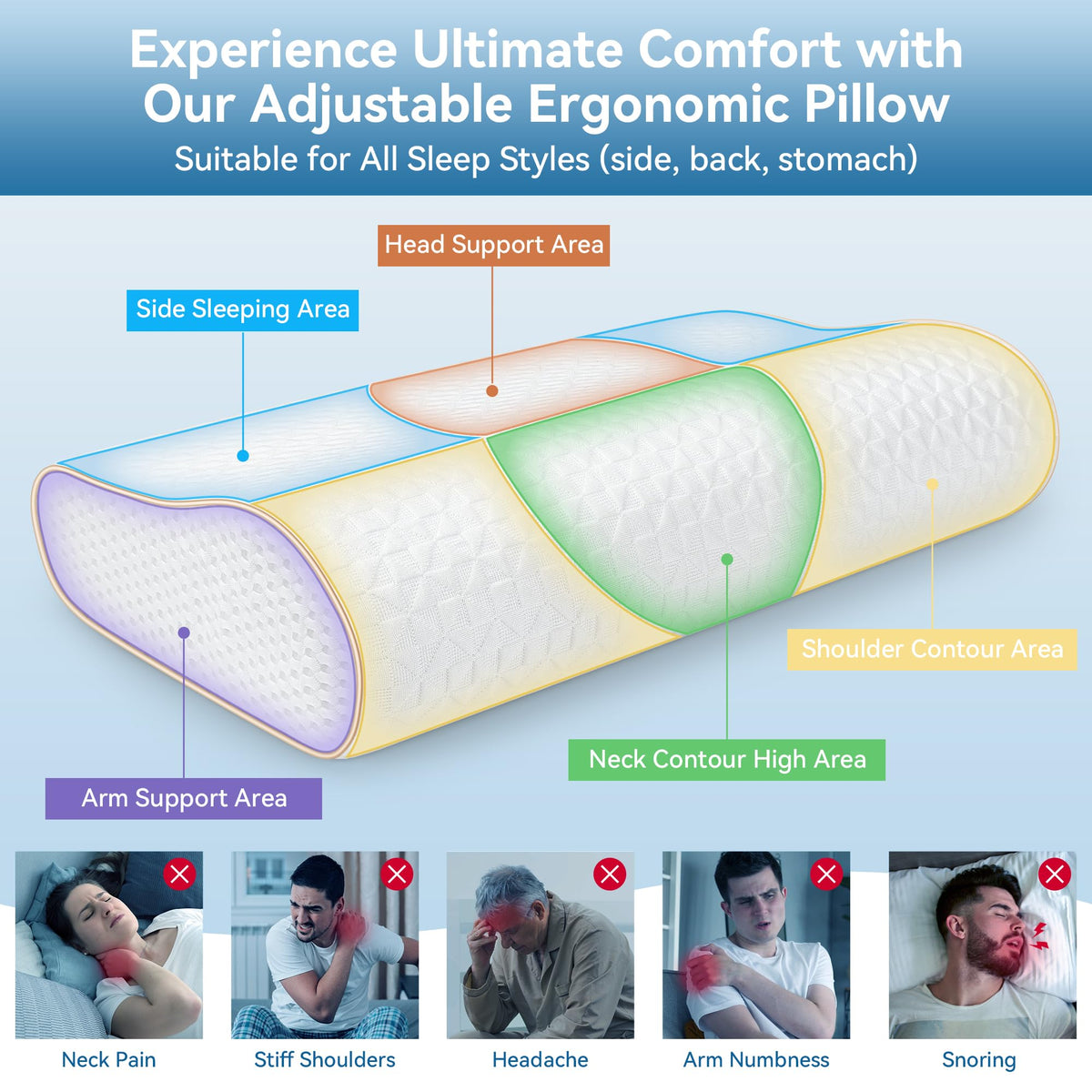 zibroges Sandwich Memory Foam Pillow for Sleeping - Ergonomic Cervical Cooling Pillows Queen Size, Adjustable Contour Pillow for Neck Pain Relief, Bed Pillow for Side, Back & Stomach Sleepers