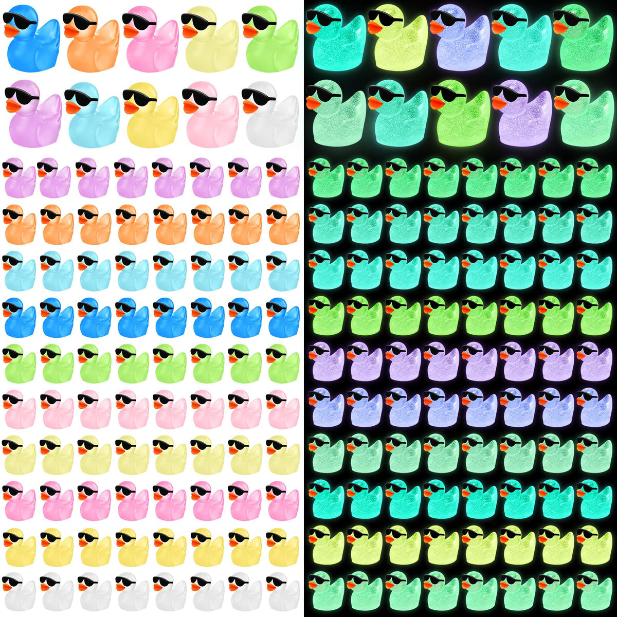 Liliful 150 Pcs Luminous Mini Resin Ducks Bulk Glow in The Dark Tiny Ducks with Sunglasses Miniature Figures Fairies Mini Garden Landscape Aquarium Dollhouse Ornament for DIY Crafts Decor(150 Pcs)