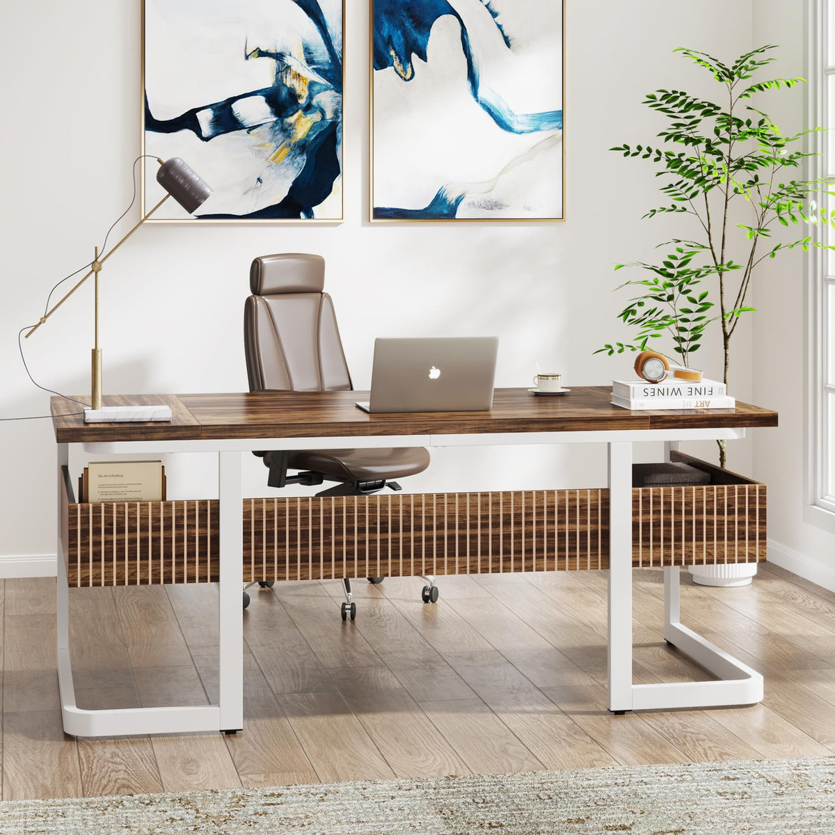 Tribesigns 63" Executive Desk with Bottom Shelves, Large Office Computer Desk, Modern Simple Workstation Business Furniture for Home Office (Walnut & White)