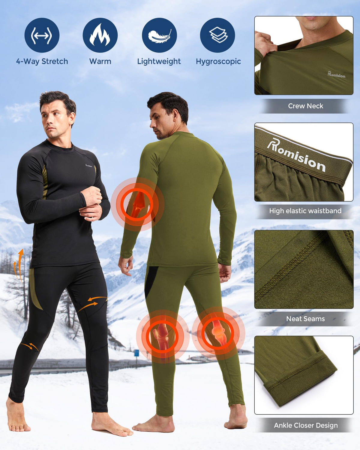 romision Men's Thermal Underwear Ultra Soft Fleece Lined Long Johns 2 Pack Sets for Cold Weather Hunting Skiing