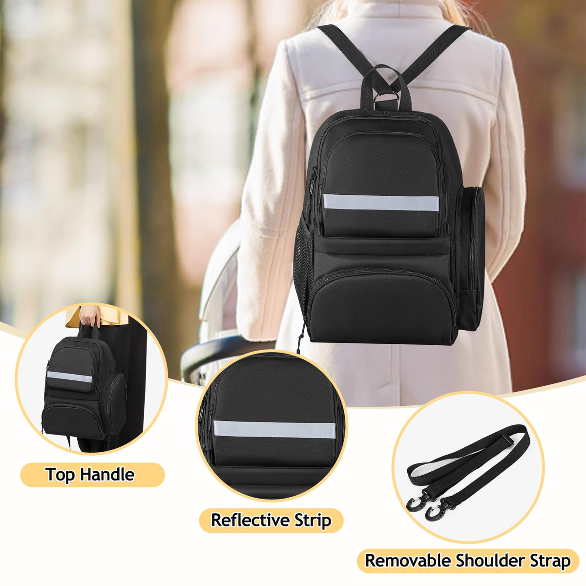 GRAOSO Baby Stroller Organizers Bag Compatible with Doona Infant Car Seat Baby Diaper Backpack, 2 Wings on the Sides Detachable Shoulder Strap, Black