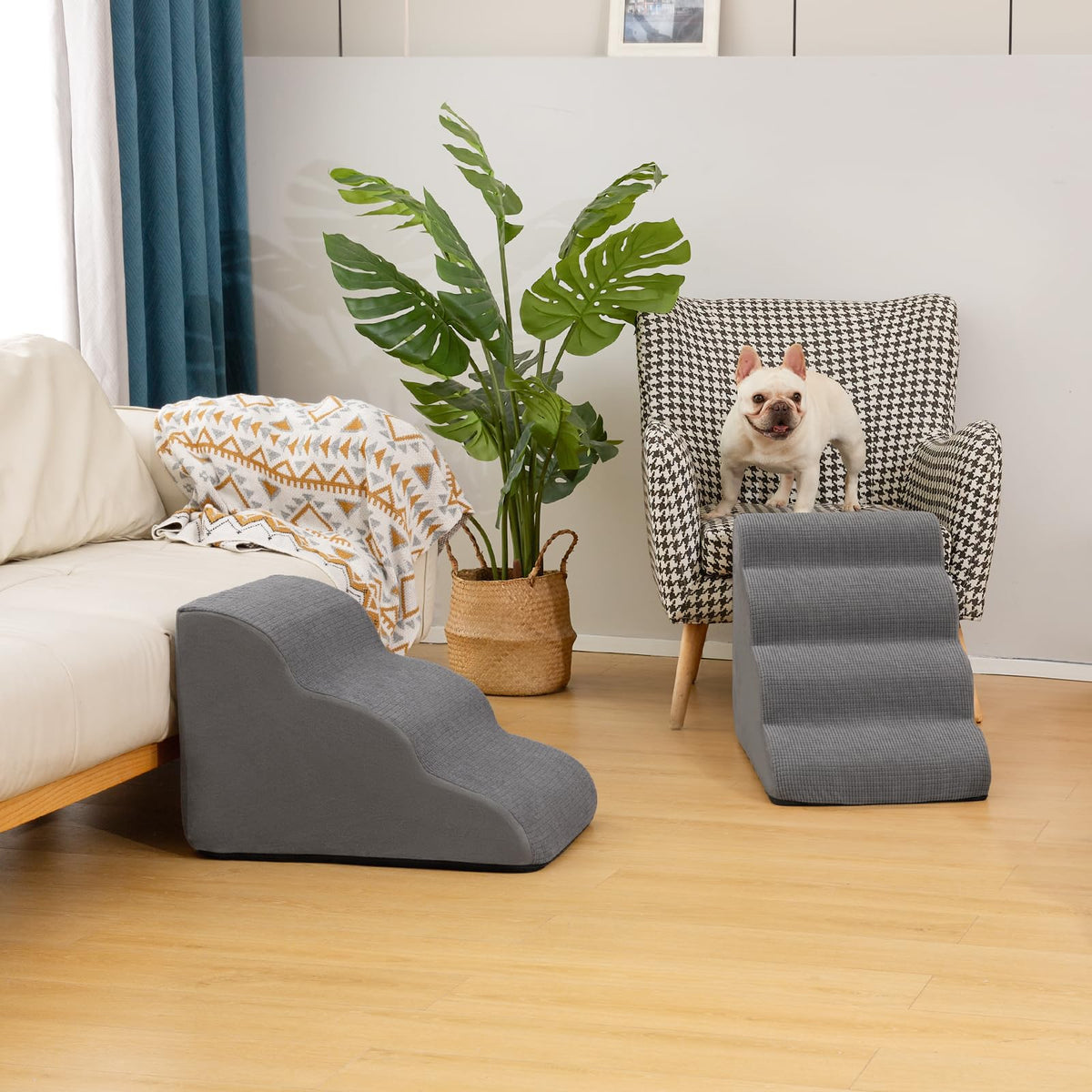 3-Step Dog Ramp and Stairs for Sofa and Chair - Non-Slip Sturdy Pet Steps for Small Dogs and Cats,15.7" H,Grey