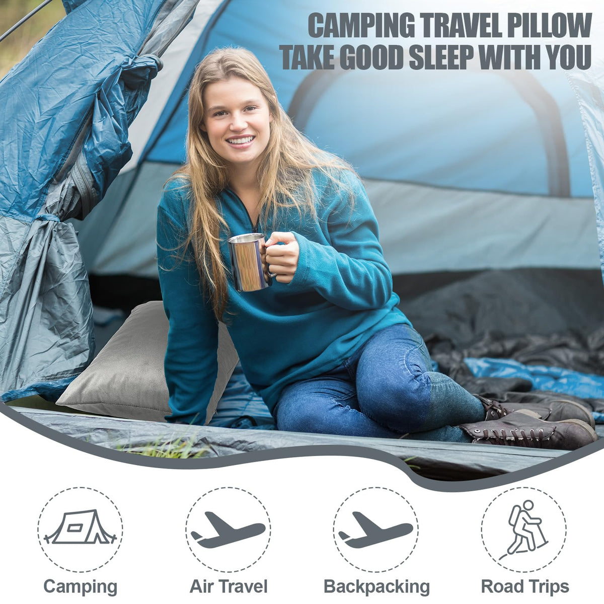 SmoothNovelty 2 Pack Camping Pillow for Sleeping Shredded Memory Foam Travel Pillow with Storage Bag, Compressible Portable Pillow for Outdoor Camp Backpacking Hiking Essential Gear (Grey,Small)