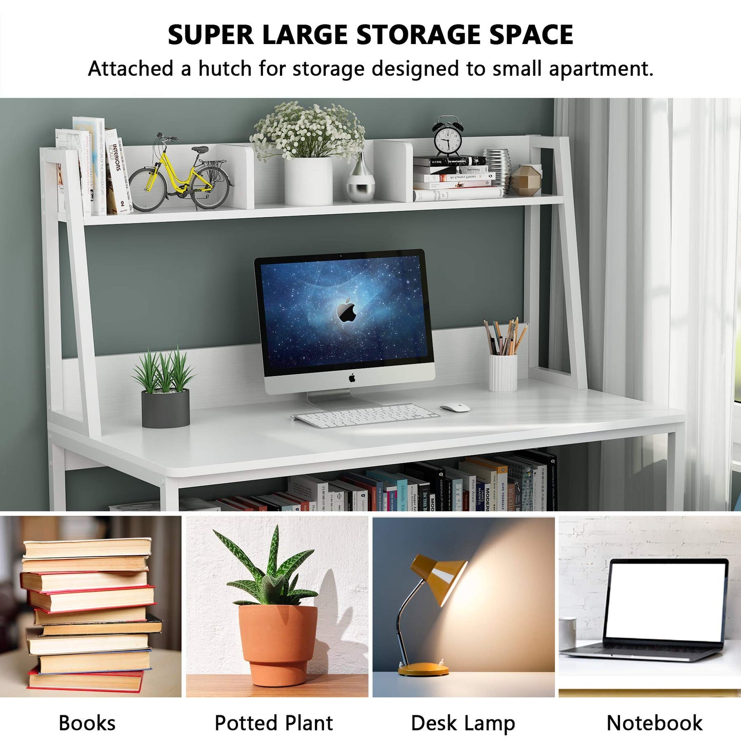 Tribesigns Computer Desk, 47 inch Office Desk with Hutch and Bookshelf, Modern Study Writing Table for Home Office (All White)