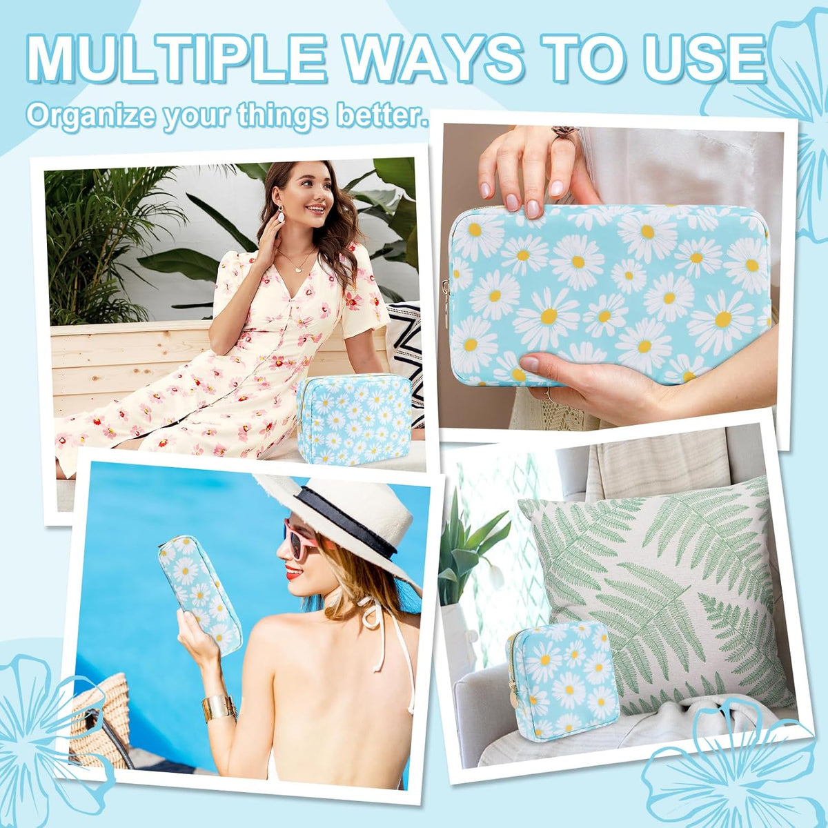 Waterproof Mini Floral Makeup Bag Pouch for Purse,Nylon Flower Cosmetic Travel Bag Small Preppy Toiletry Organizers Bag for Women Girl,Cute Zipper Pouch Coin Purse for Work(Mini Blue-Daisy)