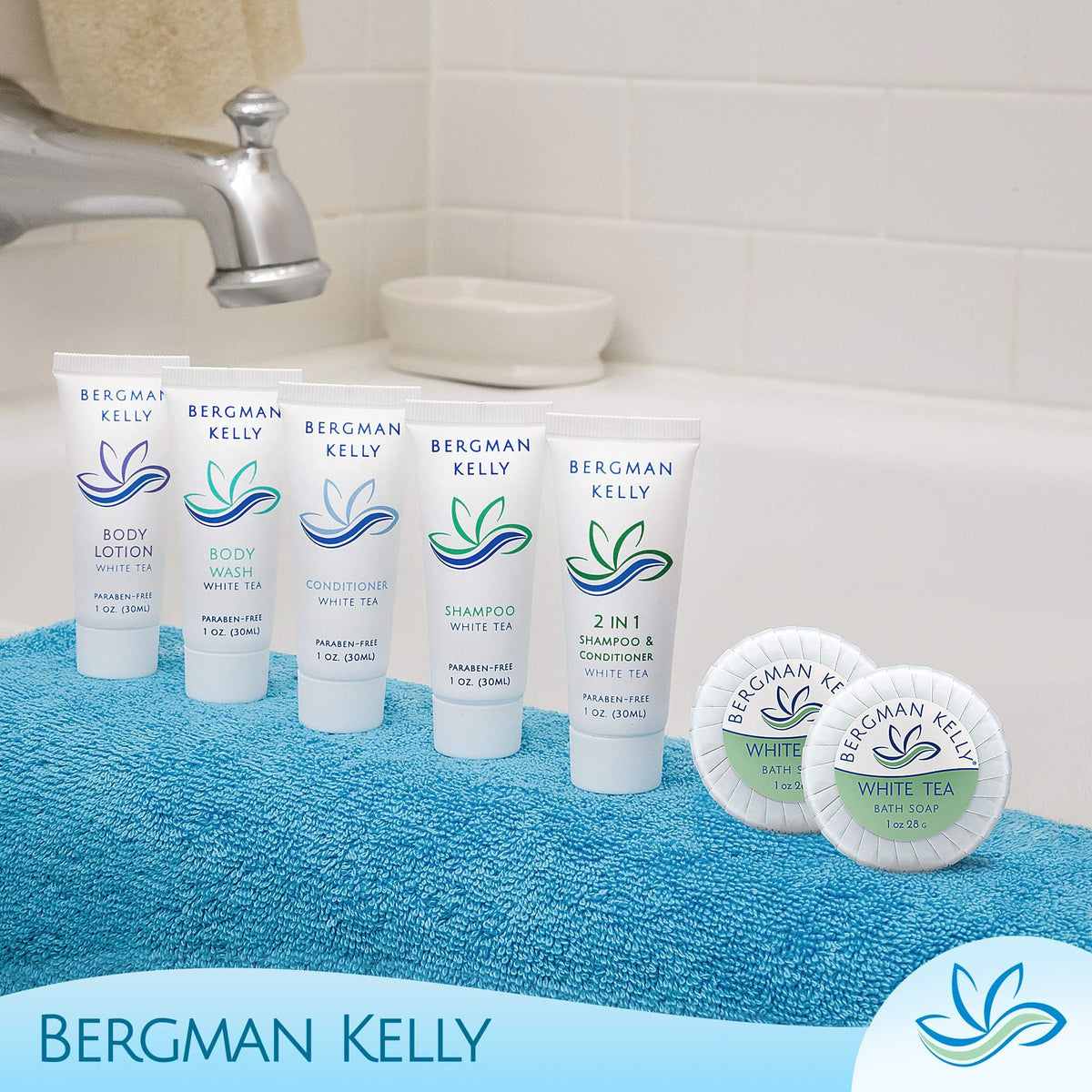 BERGMAN KELLY - Hotel Soap Bars - White Tea, 1 oz, 200 PK - Travel Size Luxury Bulk Amenities Bar Soap, Mini Individually Wrapped Round Soap - Small Toiletries for Airbnb, Motel, Guest Bathroom