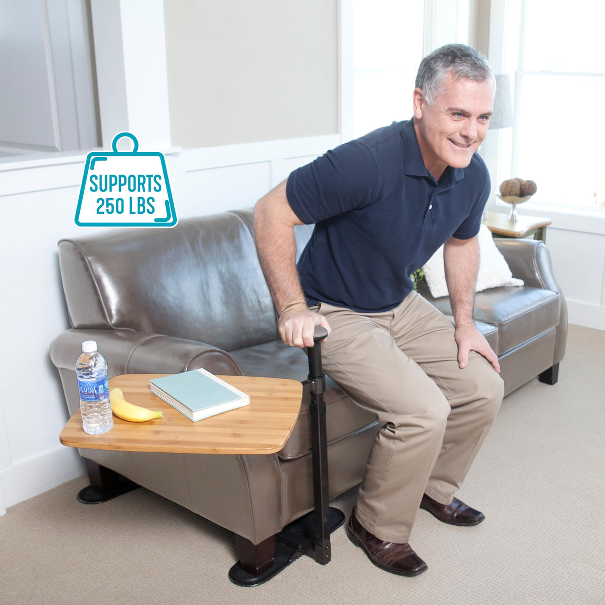 Stander Omni Tray Table, Adjustable Recliner Swivel TV Tray with Standing Handle for Adults, Seniors, and Elderly, Bamboo Laptop Desk for Chairs and Couches, Mobility Aid Sit and Stand Lift Assist