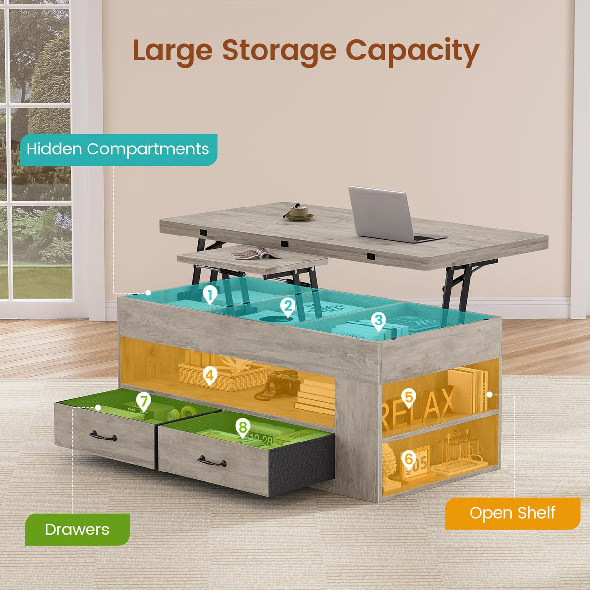 Itaar Lift Top Coffee Table, 4 in 1 Coffee Tables with Storage and Hidden Compartment, Farmhouse Coffee Table with 2 Fabric Drawers & LED Light for Living Room, Grey Oak