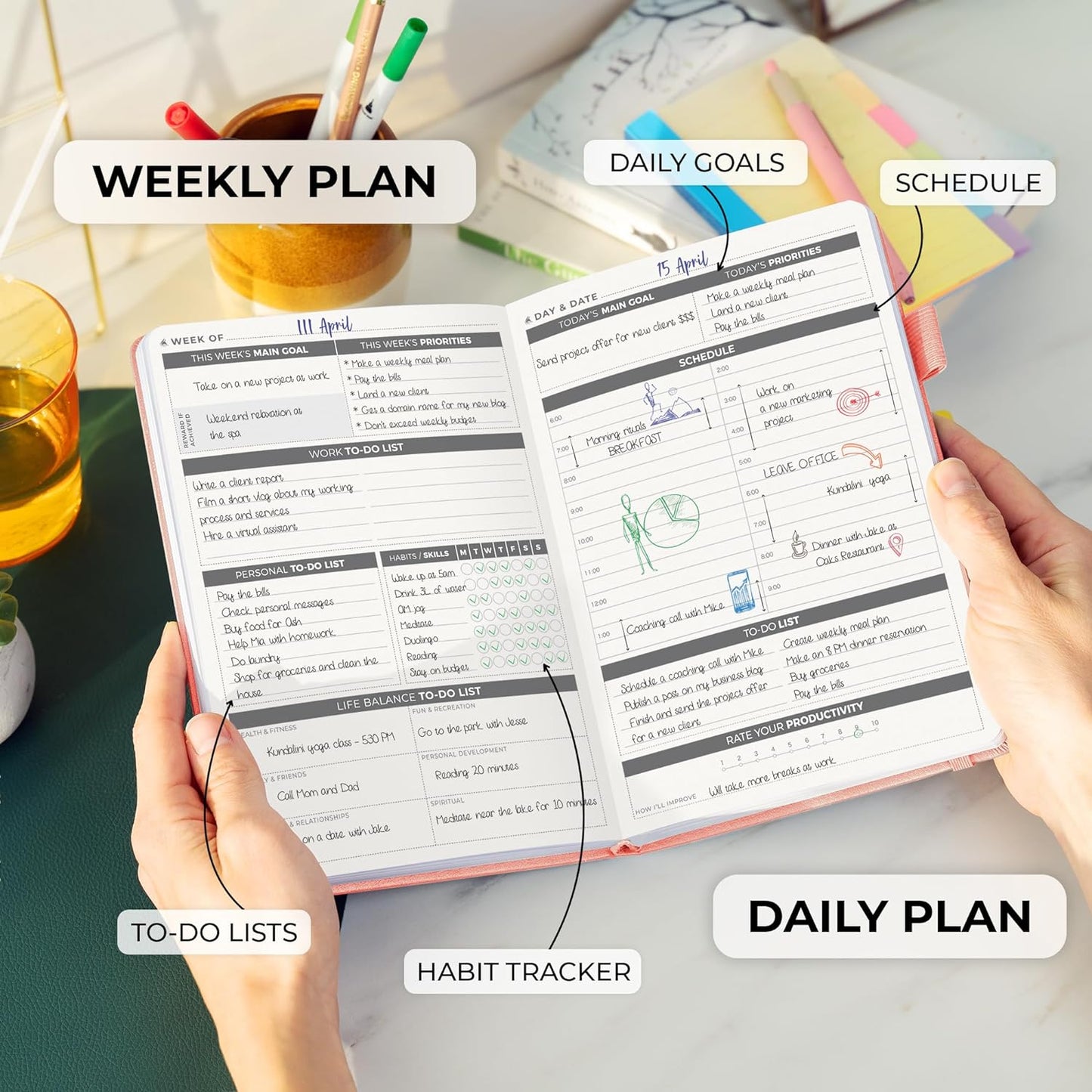 Clever Fox Daily Planner – Undated Planning Notebook with Hourly Schedule & To-Do List – Personal Day Task & Work Organizer, 6 Months (Peach Pink)