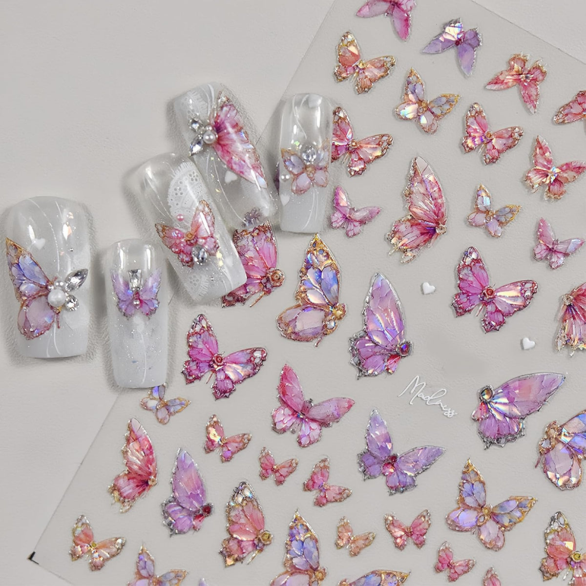 2 Sheets Butterfly Nail Art Stickers 5D Embossed Self-Adhesive Pink Aurora Sparkling Butterfly Nail Decals Designs for Women Girls DIY Nail Decoration
