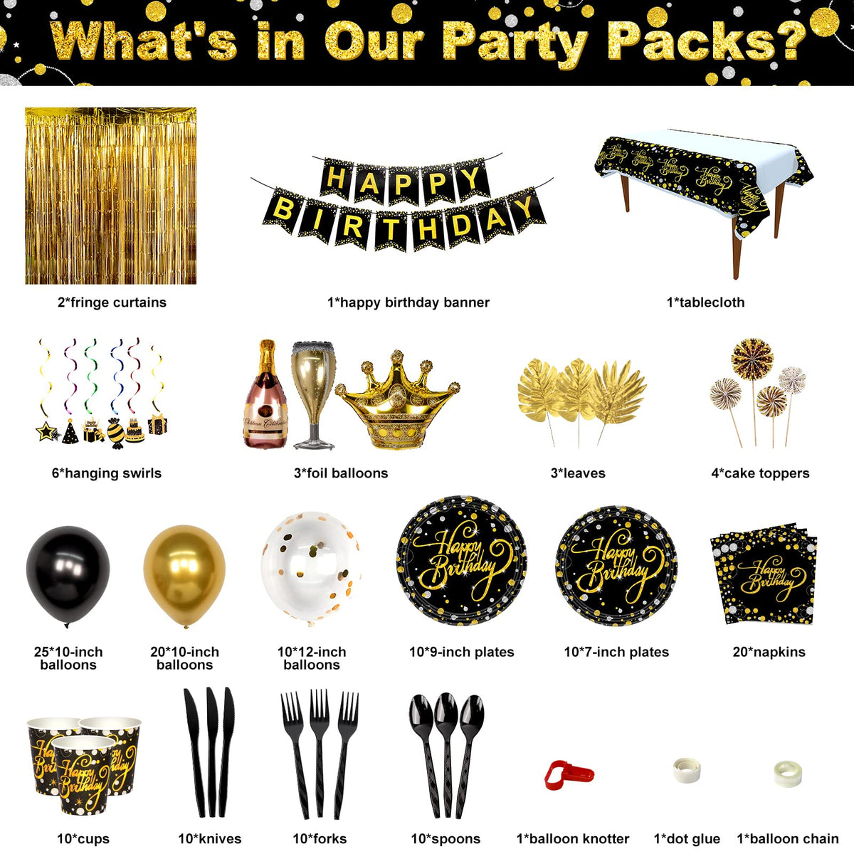 HJINGY Black and Gold Birthday Party Decorations, Happy Birthday Party Supplies for Men Women Includes Balloons, Curtains, Banner, Hanging Swirls, Tablecloth, Plates, Cake Toppers for Party