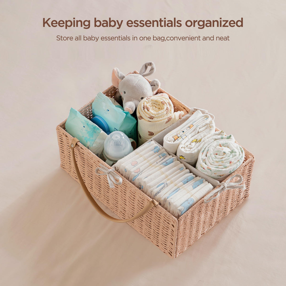 HBlife Large Baby Diaper Caddy Organizer Pink, Paper Rope Storage Baskets Nursery Bin with Removable Divider, Portable Car Organizer for Diapers, Baby Shower Gifts, Newborn Essentials Must Haves