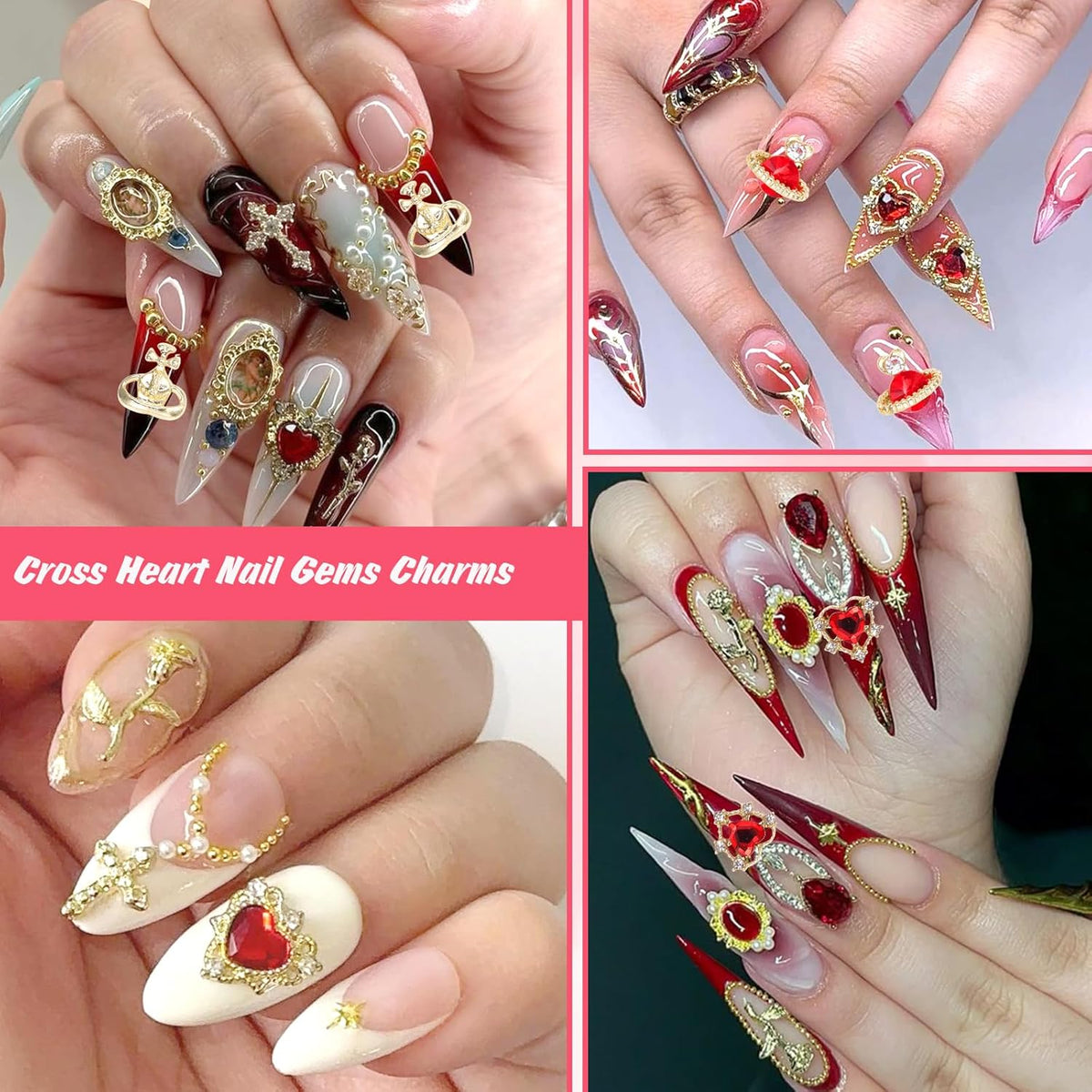 2 Boxes Metal Gold Nail Charms and Gems, 3D Alloy Crown Heart Planet Nail Gems Charms, Golden Bows Star Nail Studs, Gold Pearls Beads for Nails Art Designs DIY Accessories