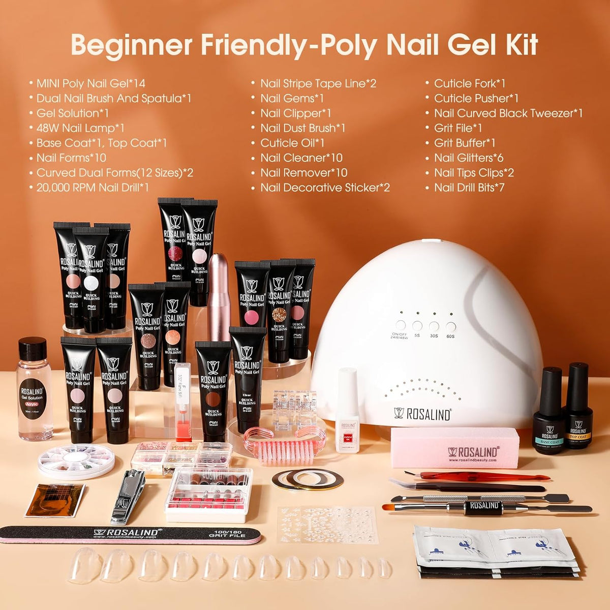 Poly Nail Gel Starter Kit -14 Colors + 75 Nail Art Accessories Kit,ROSALIND Clear Pink Nude Glitter Poly Nail Gel with Big UV Light 48W and Electric Nail Drill Starter Kit