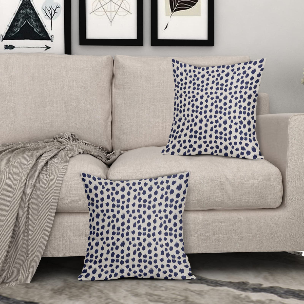 Navy Blue Cream Pillow Covers 18x18 Set of 2 Polka Dot Throw Pillows Outdoor Boho Design Brush Strokes Decorative Pillowcase Square Cushion Cover Linen Pillow Case for Home Sofa Couch Bed