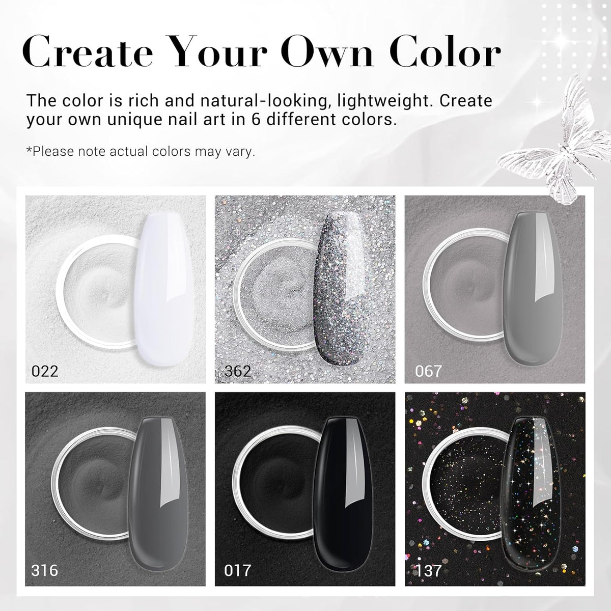 AZUREBEAUTY Dip Powder Nail Basic Set White Black Silver Grey Pure Sparkle 6 Colors All Seasons Dipping Powder Starter Kit French Nail Art Manicure DIY Salon for Women, No Need Nail Lamp Cured