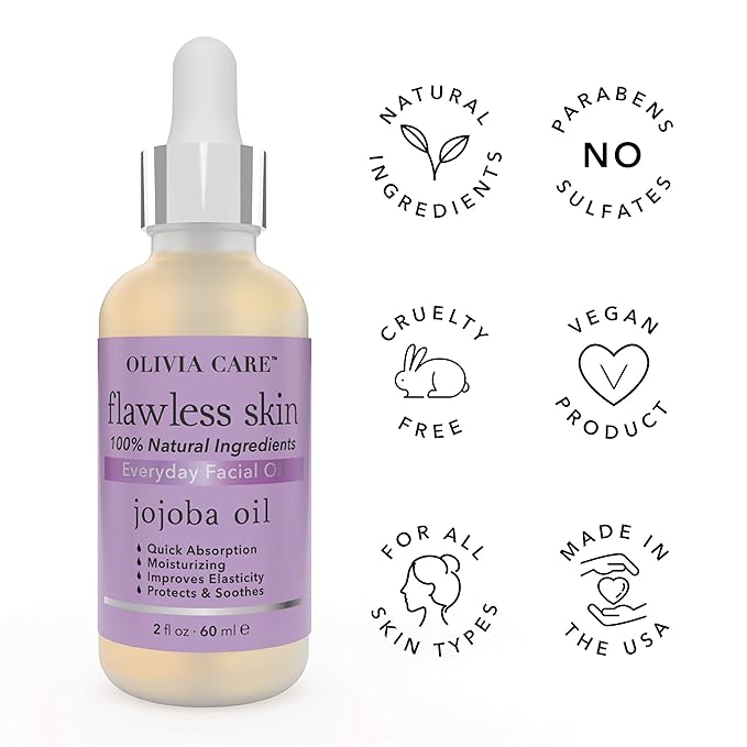 Olivia Care Flawless Essential Facial Oil 100% Natural. Nourishing, Plump, Reviving, Hydrating, Calming & Soothing. Stabilize & Retain Moisture (Jojoba)
