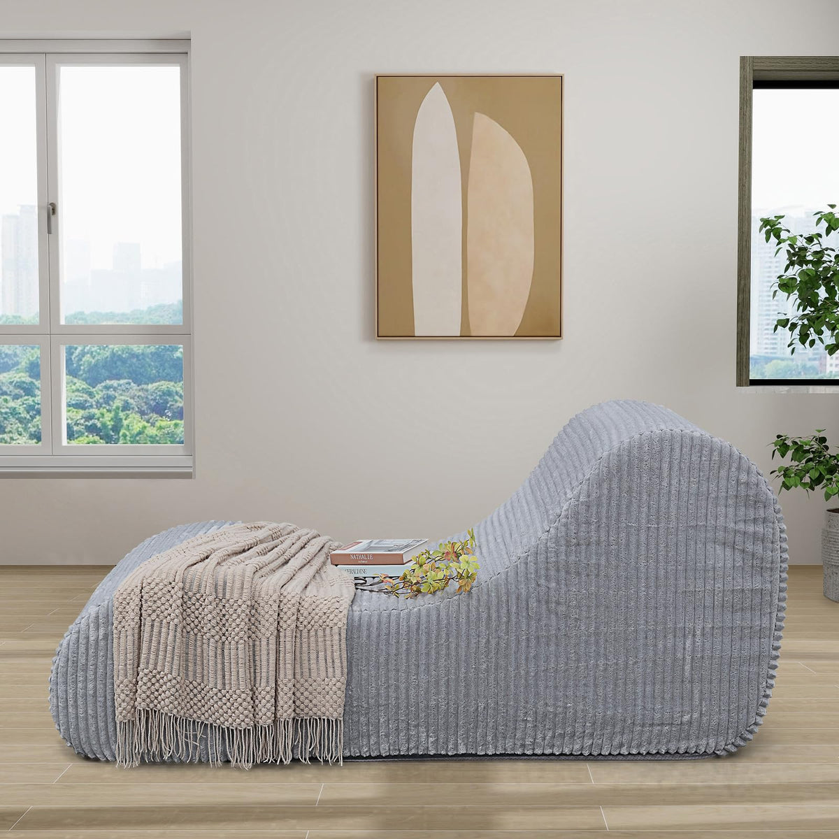 Corduroy Chaise Lounge Chair Couch Indoor Boneless Oversized High-Density Sponge Soft Sofa Human Body Curves for Yoga, Light Grey