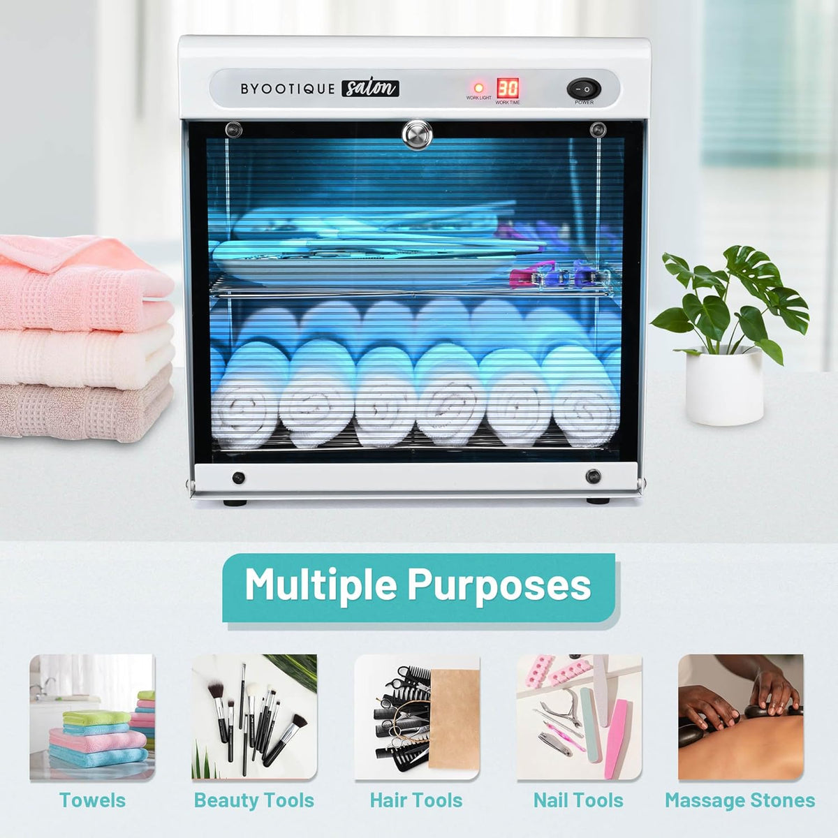 BYOOTIQUE 16L Nail Tool Cleaning Machine Electric Towel Cabinet Blue Light with Timer for Manicure Clippers Facial Skin Beauty Hair Salon Barbershop Spa Equipment Home Metal Tools