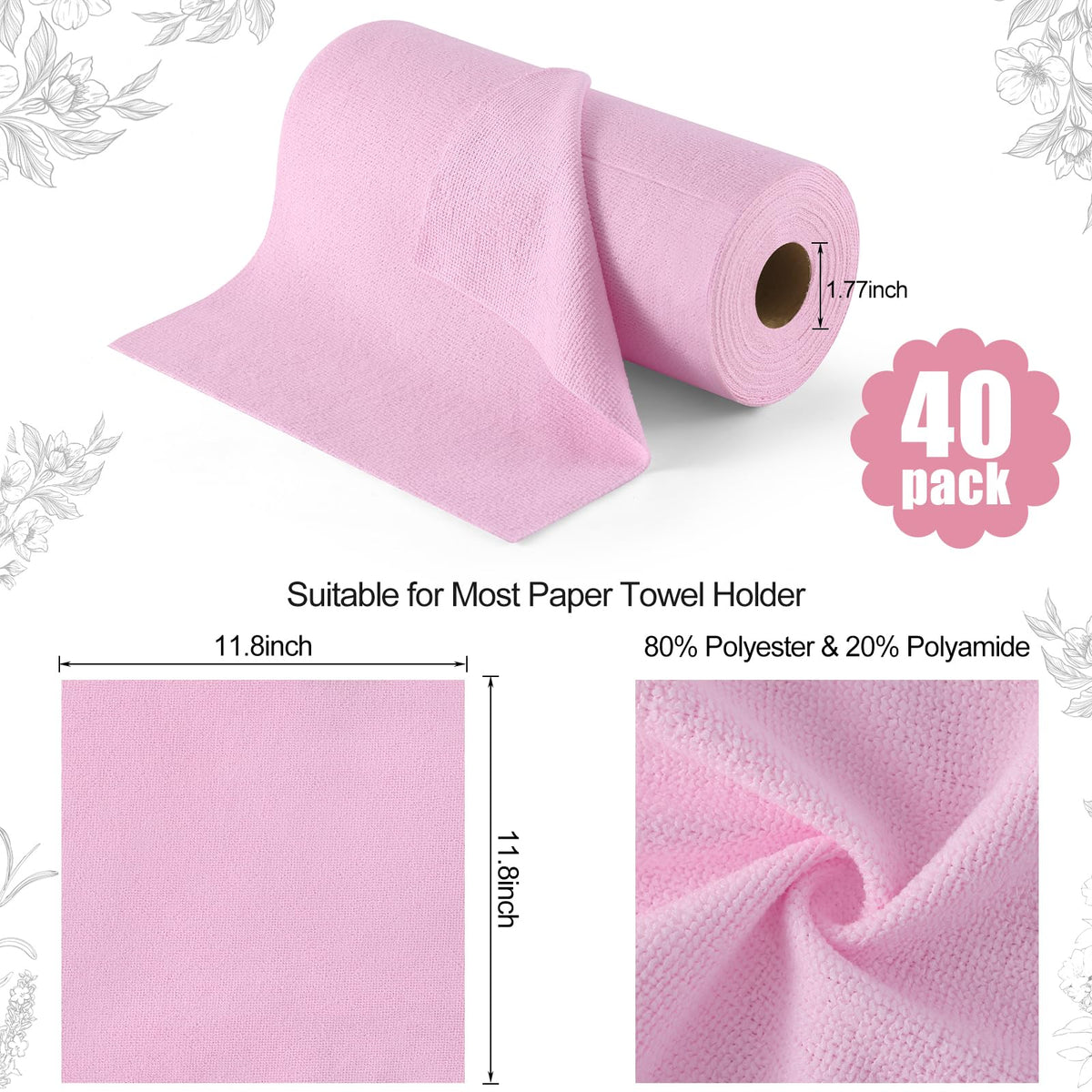 Homaxy Tear Away Dish Cloths Rolls, 40 Sheets-11.8" X 11.8", Reusable Washable Dish Towels for Kitchen, Ultra Absorbent and Quick Drying Microfiber Cleaning Rags, Pink