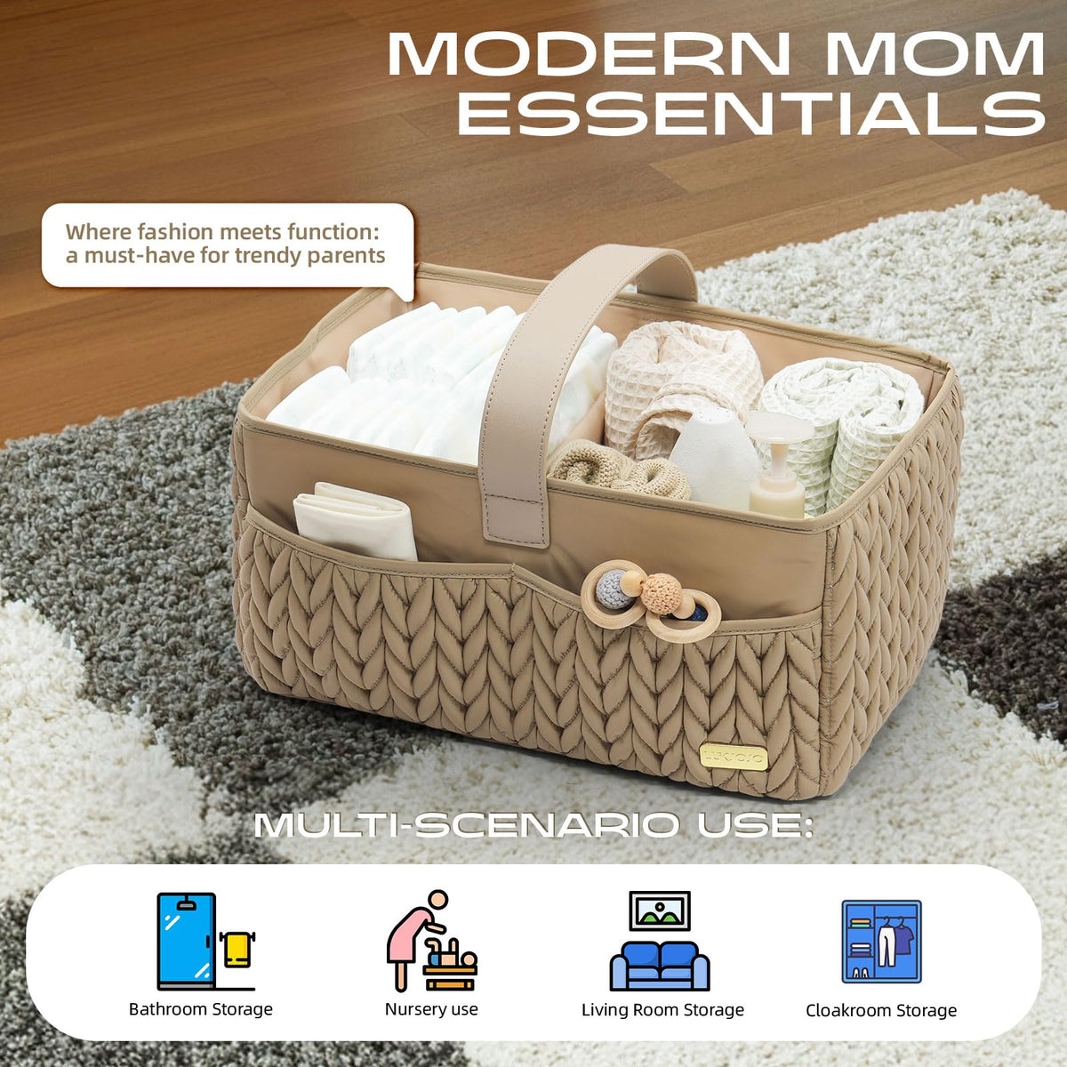 LUKJOJO Luxurious Baby Diaper Caddy, Nursery Storage Basket for Newborn Essentials, Travel Baby Basket for Diapers Baby Wipes, Organizer Tote Bag Storage Bin, Baby Shower Gifts(Beige)