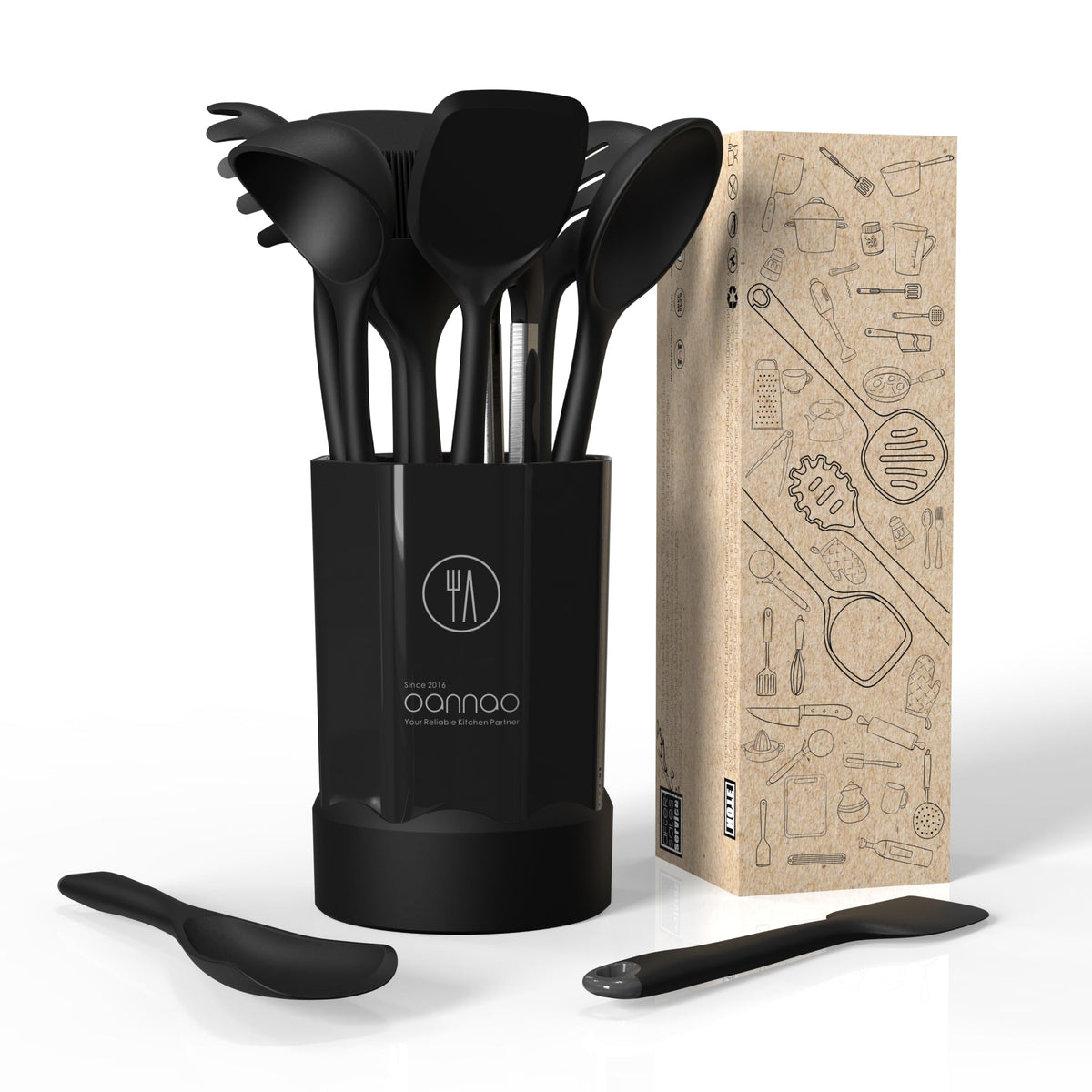 Silicone Kitchen Utensils Set, 600°F Heat Resistant Silicone Cooking Utensils, Spatula, Spoon, Whisk, Tongs, Kitchen Gadgets Tools Sets for Nonstick Cookware, Dishwasher Safe BPA Free (Black)