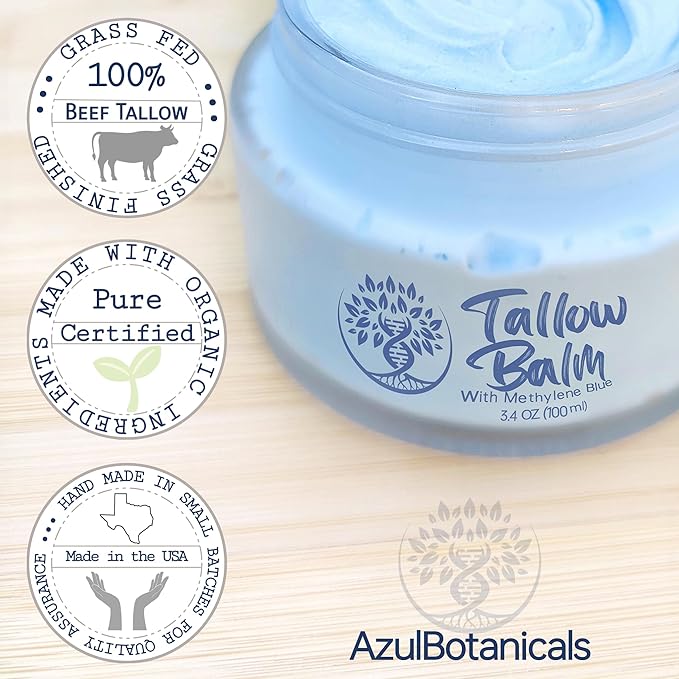 Methylene Blue Infused Whipped Grass Fed Beef Tallow Balm, Anti-Aging, Moisturizer, Stretchmarks, Rosacea, Psoriasis, Eczema, Acne, All skin types, Organic Ingredients 3.4oz