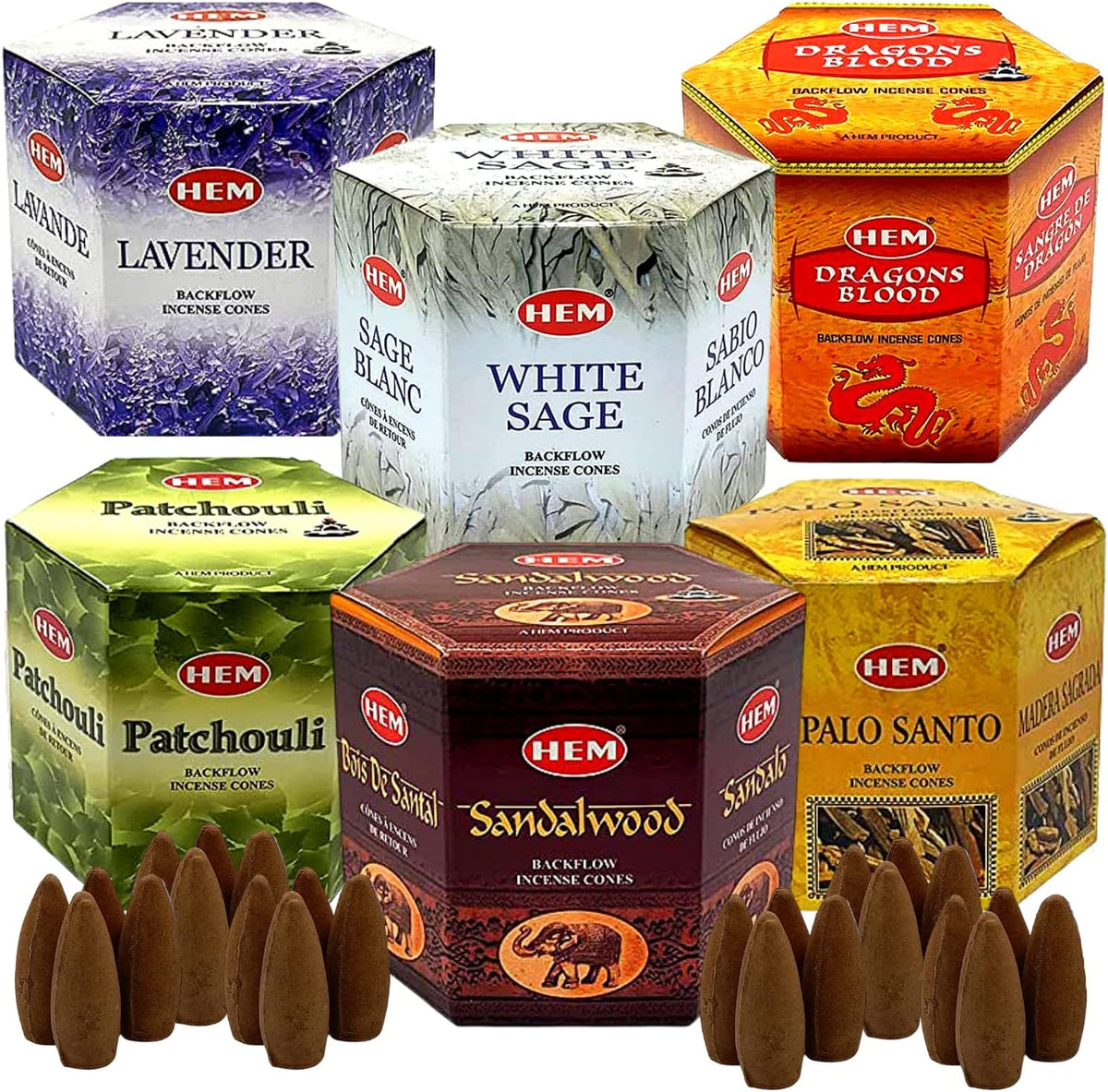 Hem Backflow Incense Cones Variety - Large Pack 240 Cones + 6 Type| Palo Santo, Lavender, Sandalwood, White sage, Patchouli & Dragons Blood