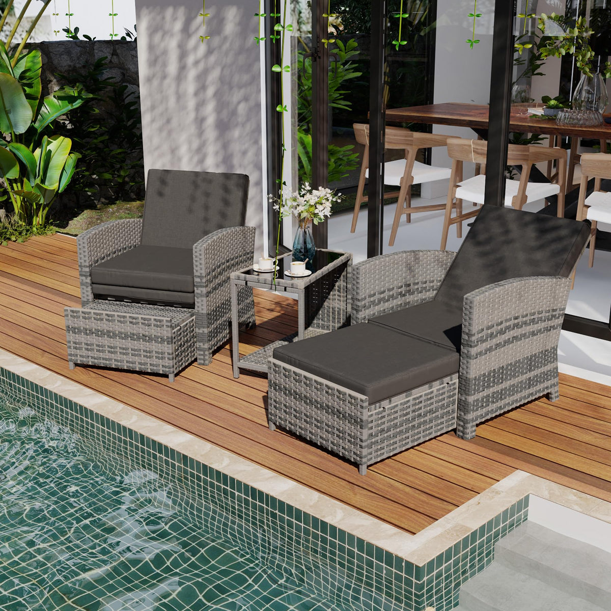 CIRMUBUY 5 Piece Outdoor Patio Furniture Set, Wicker Patio Conversation Set, Outdoor Lounge Chair with Ottomans and Coffee Table for Balcony Lawn Garden (Grey)