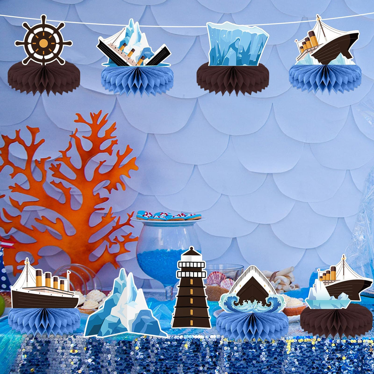 12Pcs Nautical Party Supplies Cruise Ship Birthday Honeycomb Centerpieces for Ocean Party Decorations Ship Theme Table Honeycomb for Ocean Cruise Liner Nautical Theme Birthday Baby Shower Party Favors