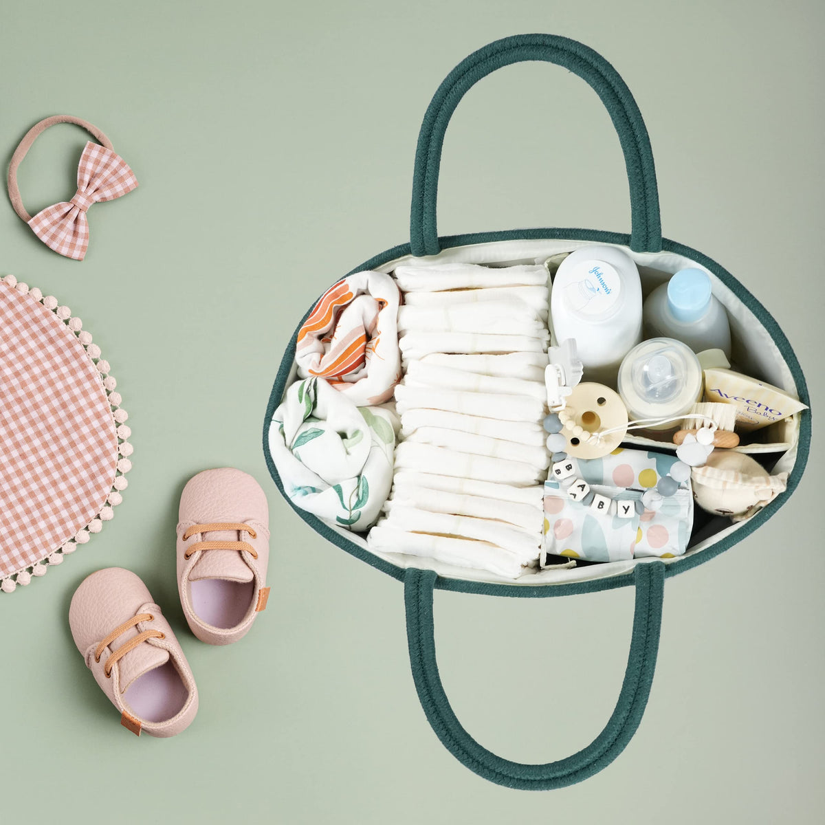 XUANGUO Large Baby Diaper Caddy Organizer for Girl Boy Rope Nursery Storage Bin Basket Portable Holder Tote Bag for Changing Table Car Travel Baby Shower Gifts basket dark green