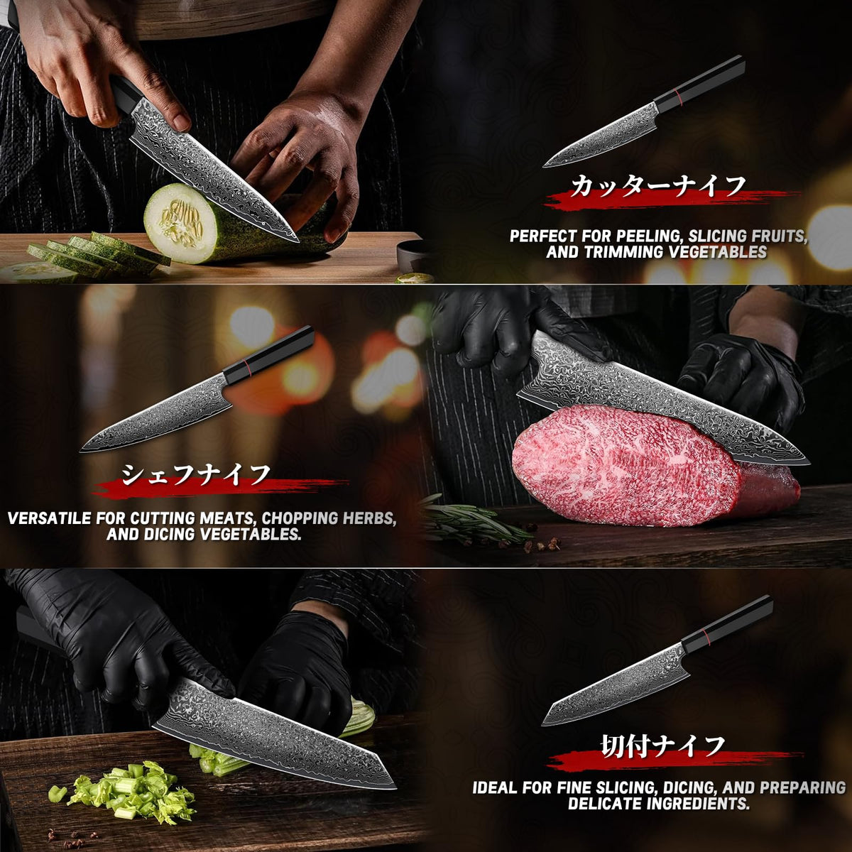 TIVOLI Damascus Knife Set 3PCS, Japanese Kitchen Knife With VG10，Ultra Sharp Cooking Knife Set With Octagonal Handle，Professional Chef Knives Set for Meat Vegetable Fruit, Ideal Gift for Dad，Mom
