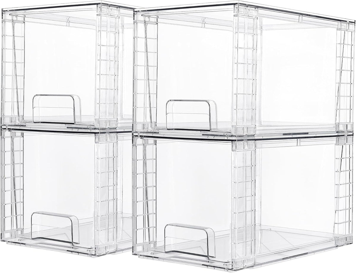 Vtopmart 4 Pack Large Stackable Storage Drawers,Easily Assemble Acrylic Bathroom Closet Undersink Organizers and Storage,Plastic Bins for Kitchen Cabinets,Pantry,Makeup,Medicine Organization