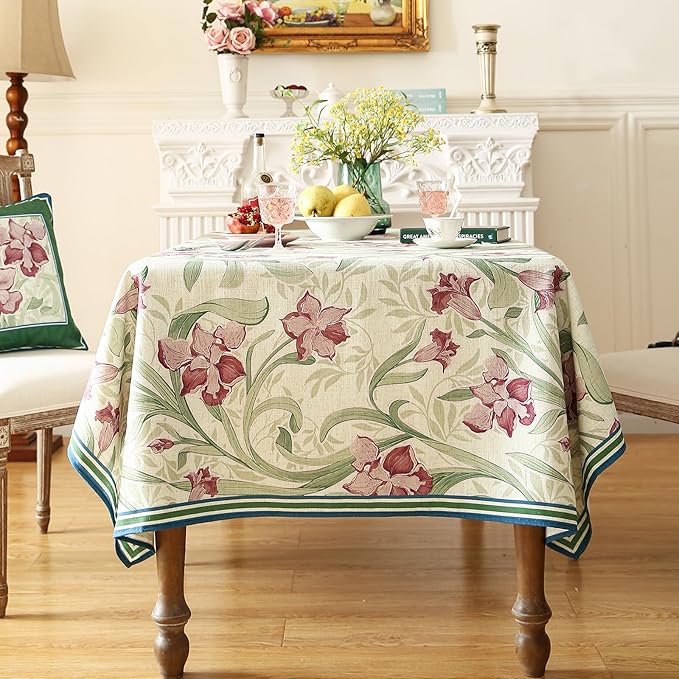 patdrea Designer Linen Green Rectangle Tablecloth,Framhouse Violets Pattern Floral Extra Long Tablecloths,Table Cover Decor for Kitchen Dining Christmas,Thanksgiving,Tea Party,63"x110"-Tara a