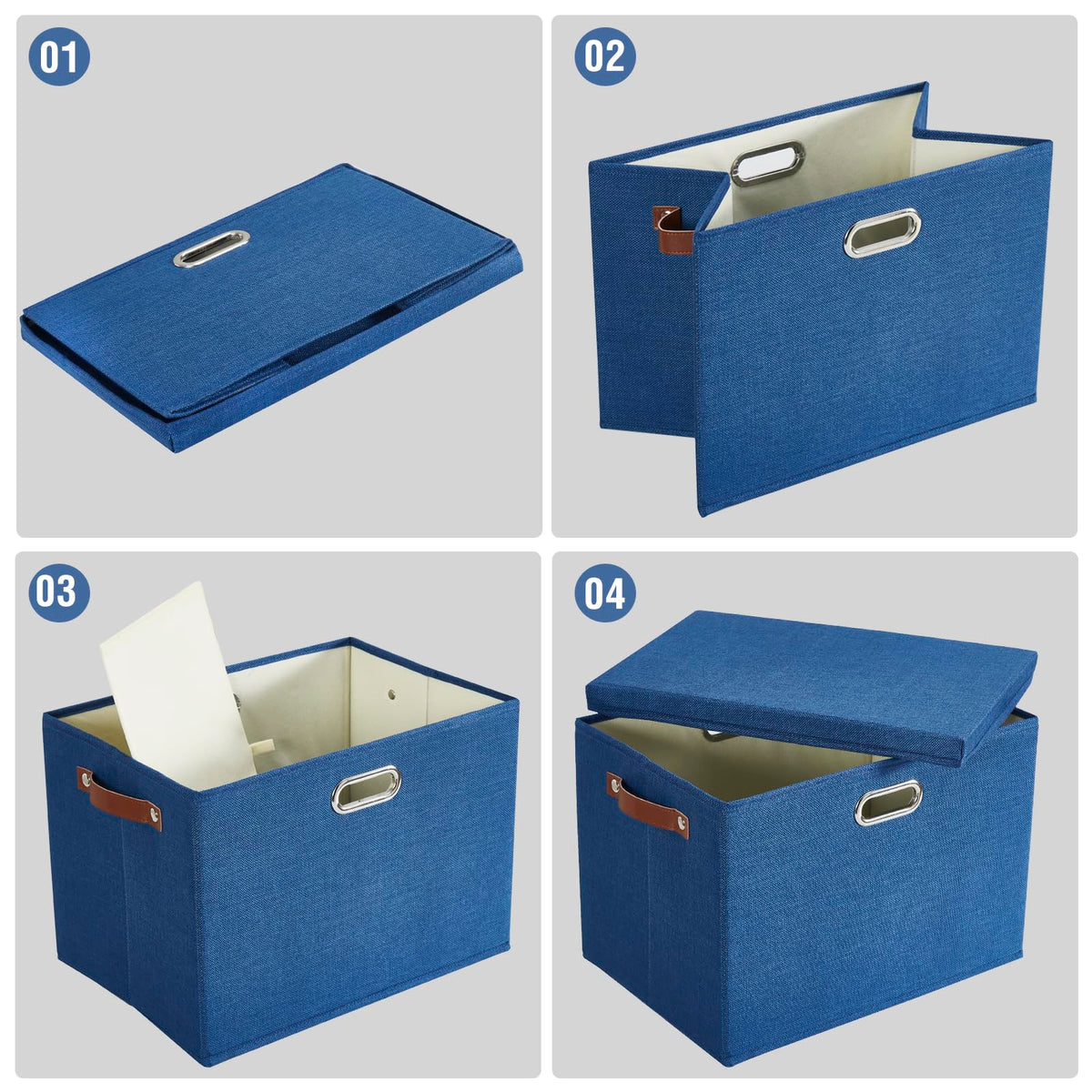 Roobyl 17" Large Collapsible Storage Bins with Lids, Stackable Closet Organizers with PU Handle and Labels, 3-Pack Decorative Fabric Storage Boxes for Home, Bedroom, Closet, Office, Nursery(Navy)