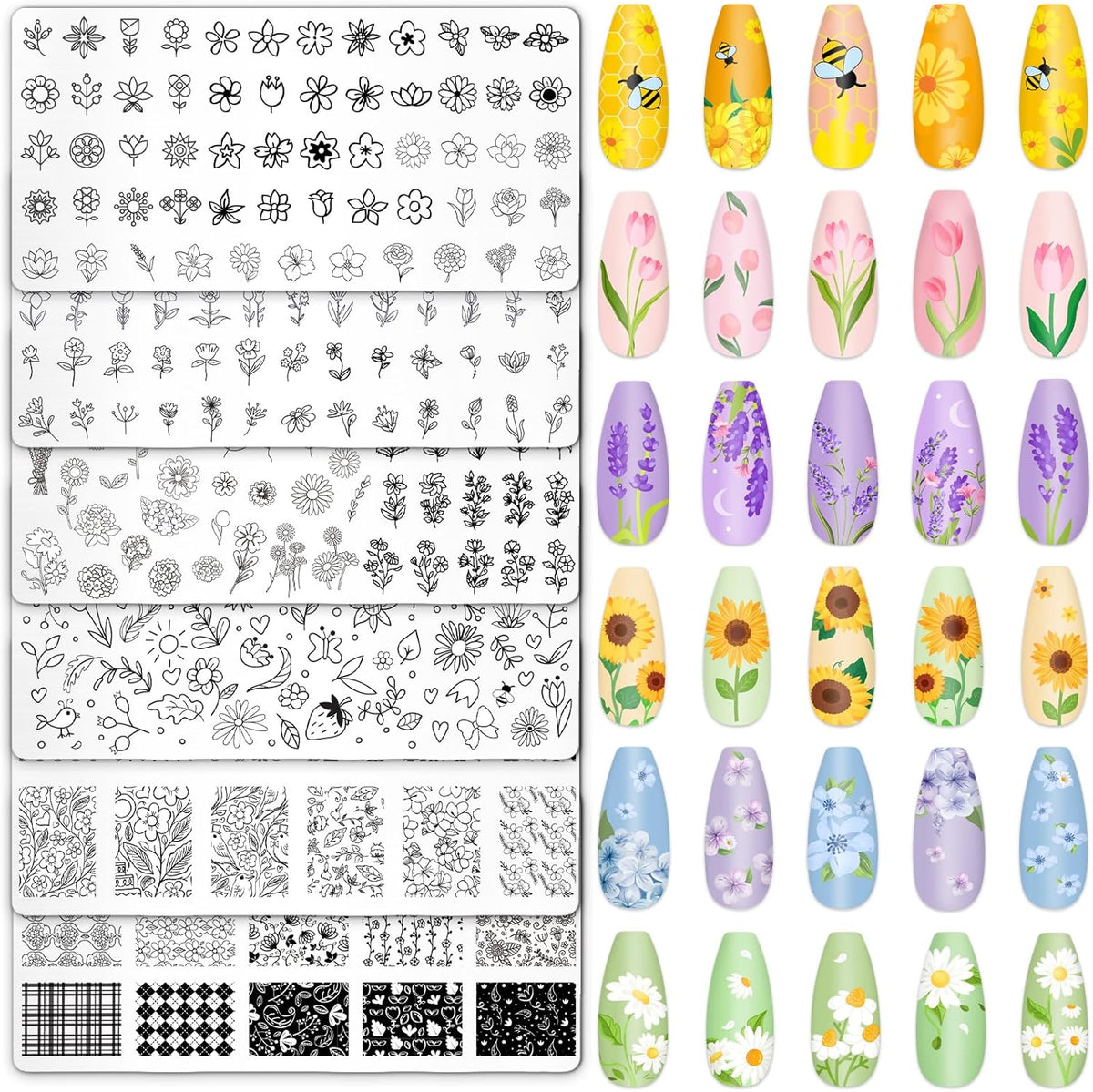 Whaline 6Pcs Spring Summer Floral Nail Plates Stamping Set Flower Leaves Stamp Templates Nail Art Plates for DIY Print Manicure Salon Design