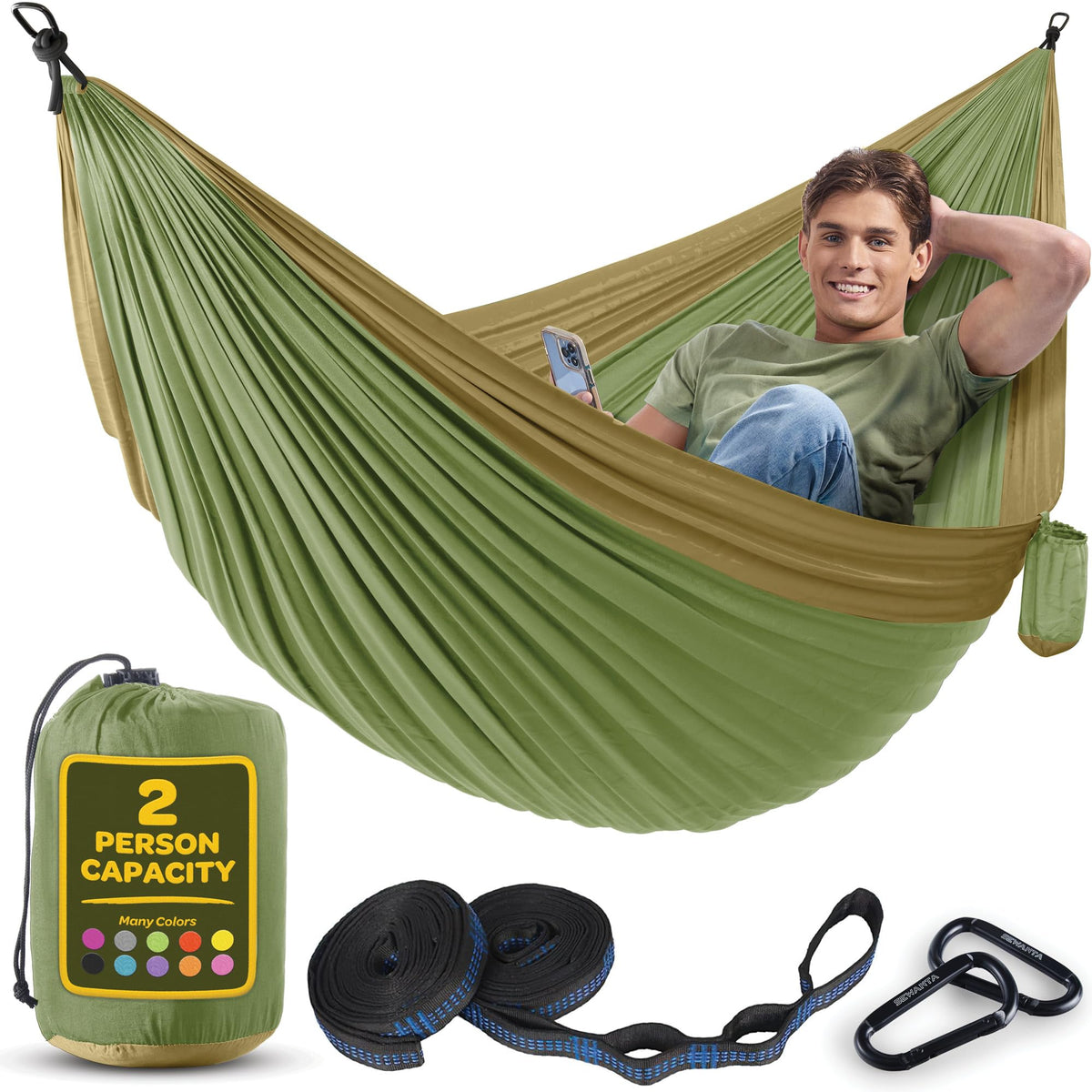 Durable Hammock 400 lb Capacity, Nylon Camping Hammock Chair - Double or Single Sizes w/Tree Straps and Attached Carry Bag - Portable for Travel/Backpacking/Beach/Backyard (Medium, Fuchsia & Sky Blue)