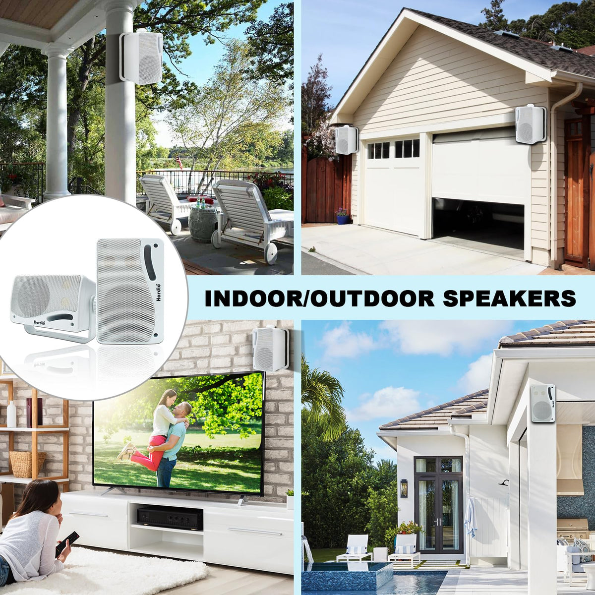 Herdio 3.5 Inch Passive Outdoor Speakers Wired Waterproof, 200W 3 Way Premium Mountable Wall Mount Speakers with Superior Sound, All-Weather Durability, for Patio Marine Boat Garage Indoor(White Pair)