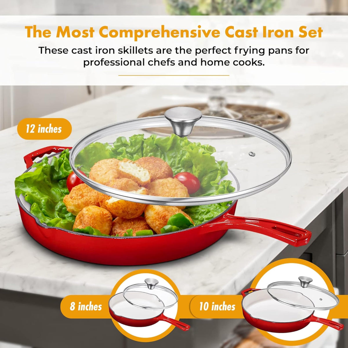 Bruntmor Enameled Cast Iron Skillet Set of 3-8, 10, and 12-Inch Non Stick Frying Pans with Tempered Glass Lids - Versatile Cast Iron Cookware Set for Casserole - Grill Pan for All Stovetops - Red