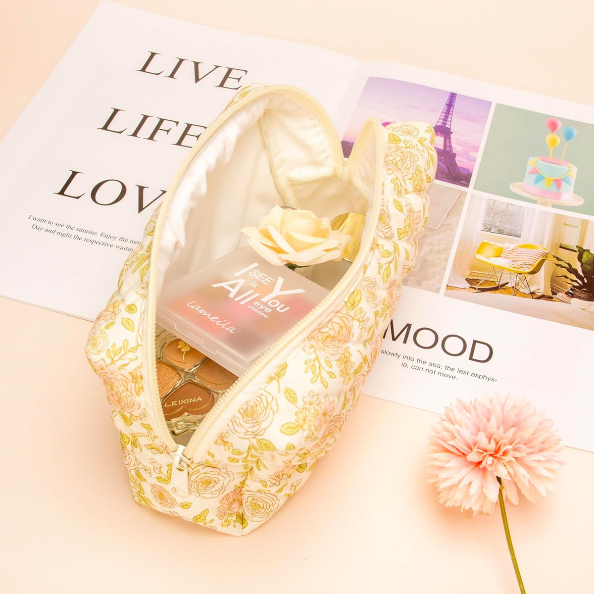 PAZIMIIK Vintage Quilted Makeup Bag Cosmetic Pouch for Brushes Pencils and Travel Make Up Accessories for Women and Girls Rose Beige