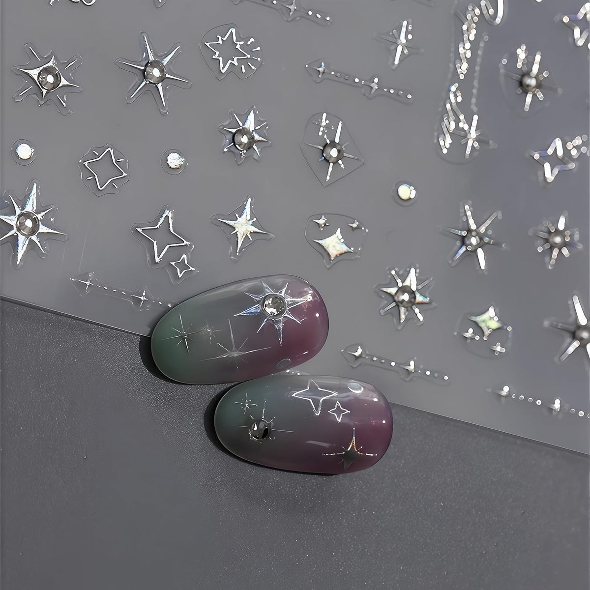 Glitter Diamond Stars Nail Art Stickers 3D Self-Adhesive Crystal Silver Decals Luxury with Rhinestones Stars Charms Design Stickers for Women DIY Manicure Decorations
