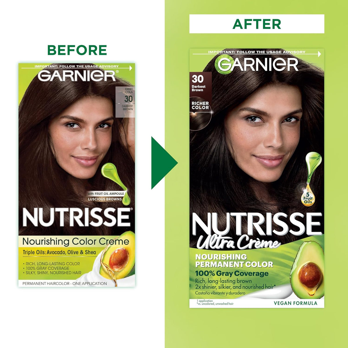 Garnier Hair Color Nutrisse Nourishing Creme, 30 Darkest Brown (Sweet Cola) Permanent Hair Dye, 2 Count (Packaging May Vary)