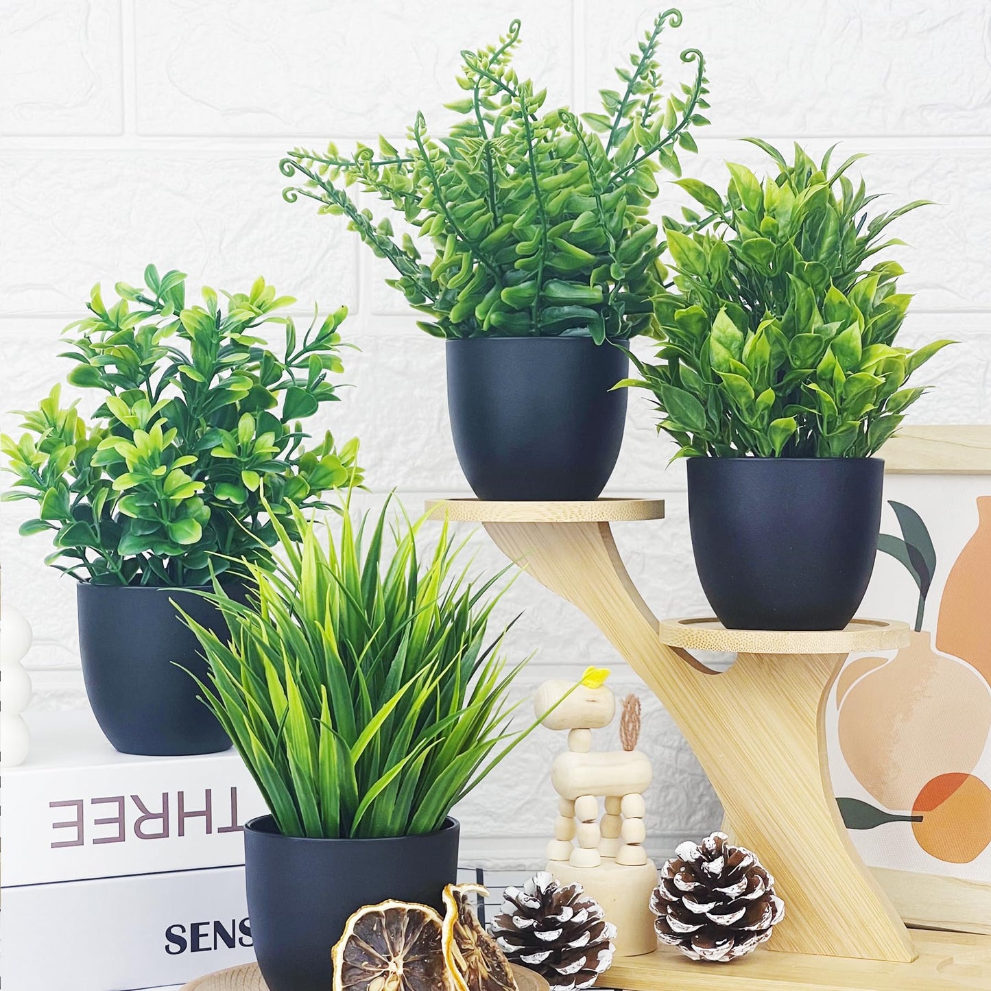 DCECDWD Set of 4 Fake Plants 7” Small Potted Plants Artificial Plants Indoor Mini Greenery Plants for Indoor Decor Home Shelf Office Decor, Compact Black Pot