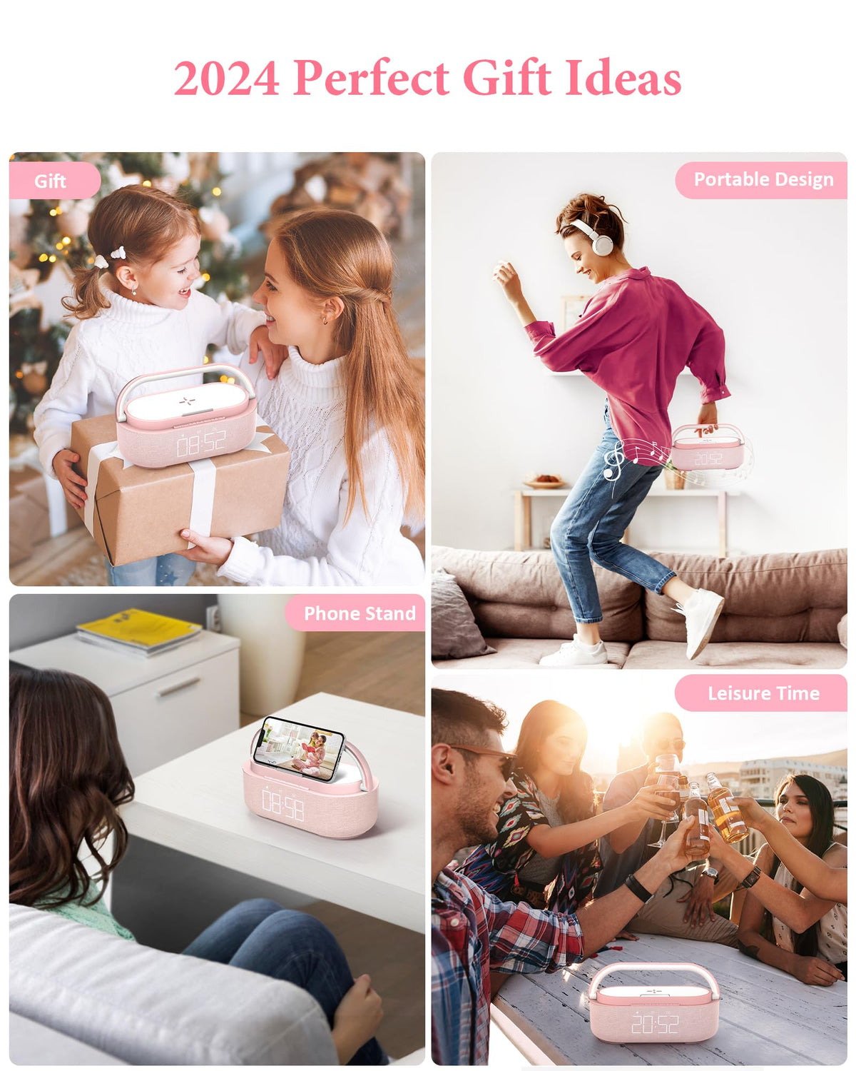 COLSUR Bluetooth Speaker with Wireless Charger, FM Radio, Dimmable LED Night Light, Dual Wireless Speakers, 2500mAh Portable Speaker for Home Decoration, Bedroom, Office, Gift