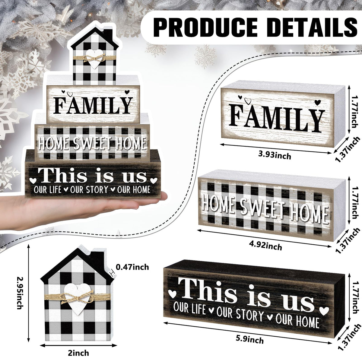 Cinnvoice Farmhouse Wooden Tabletop Decor Rustic Home Sweet Home Table Centerpieces This Is Us Block Sign Black and White Buffalo Plaid Table Decor for Kitchen Shelf Desk Mantel Tiered Tray Decoration